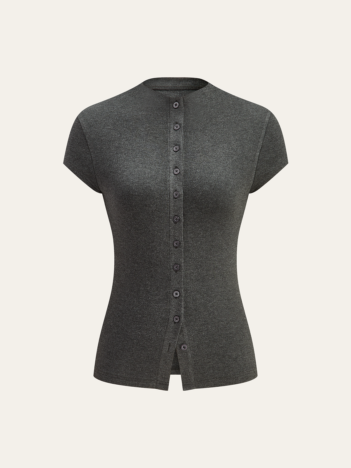 Mock Neck Cap-Sleeve Button T-Shirt-Chicvia