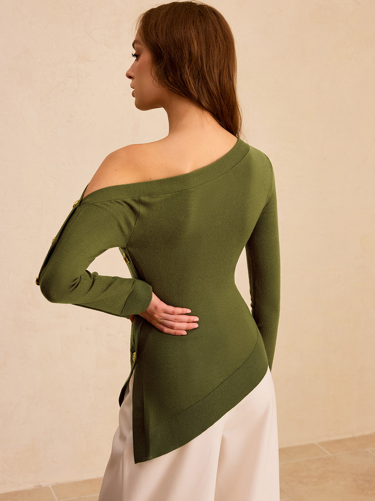 One-Shoulder Metal Detail Asymmetric Knit Top-Chicvia