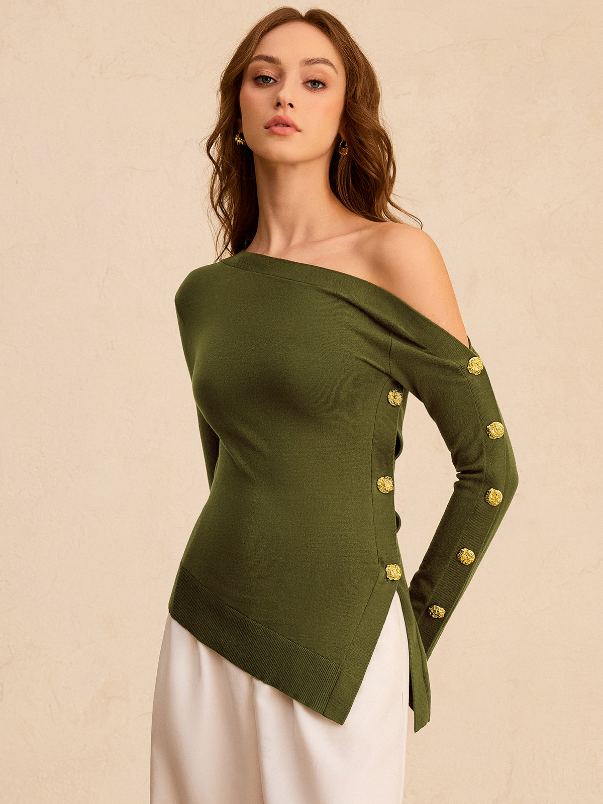 One-Shoulder Metal Detail Asymmetric Knit Top-Chicvia