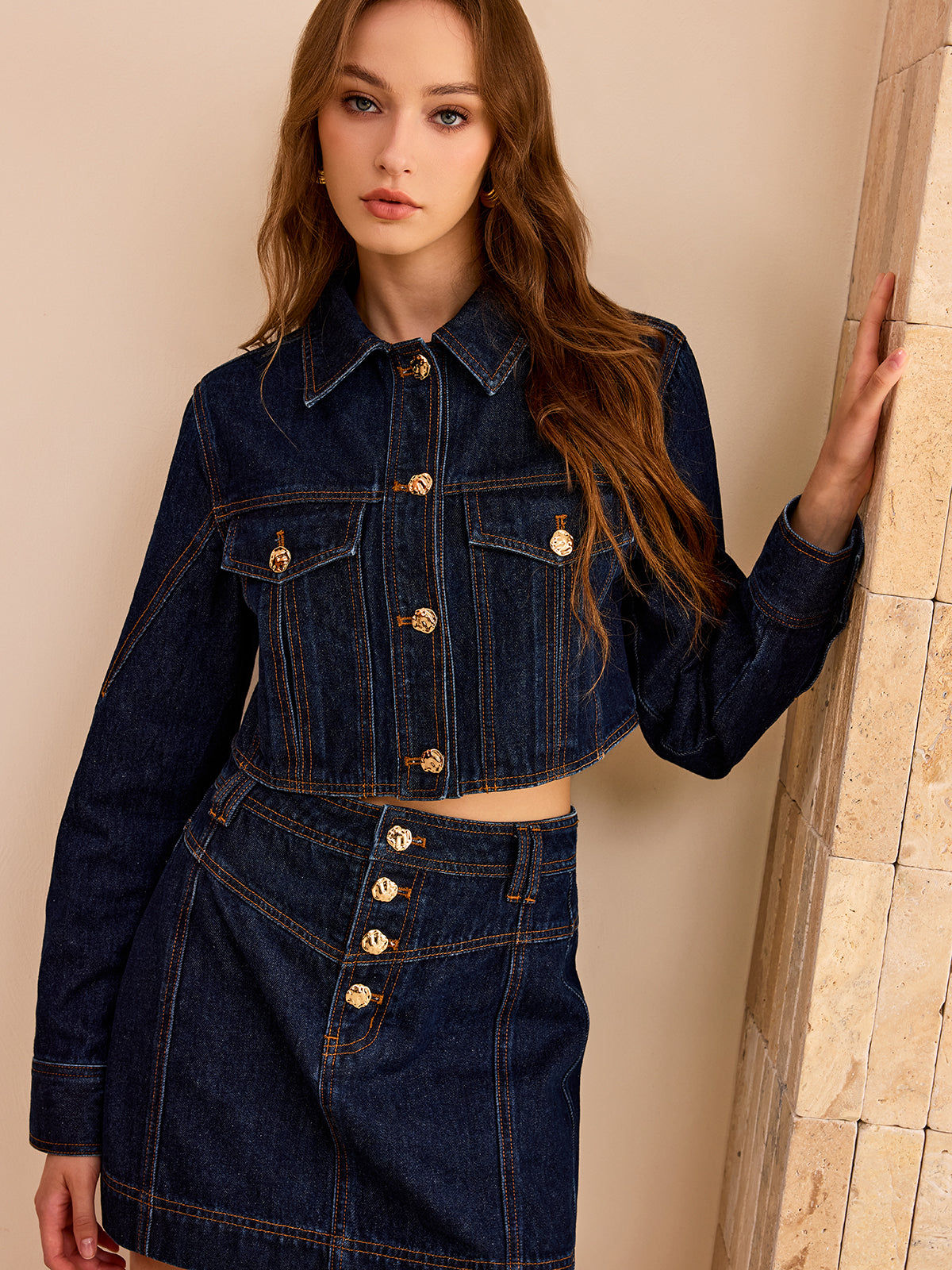 Metal Button Cropped Denim Jacket-Chicvia