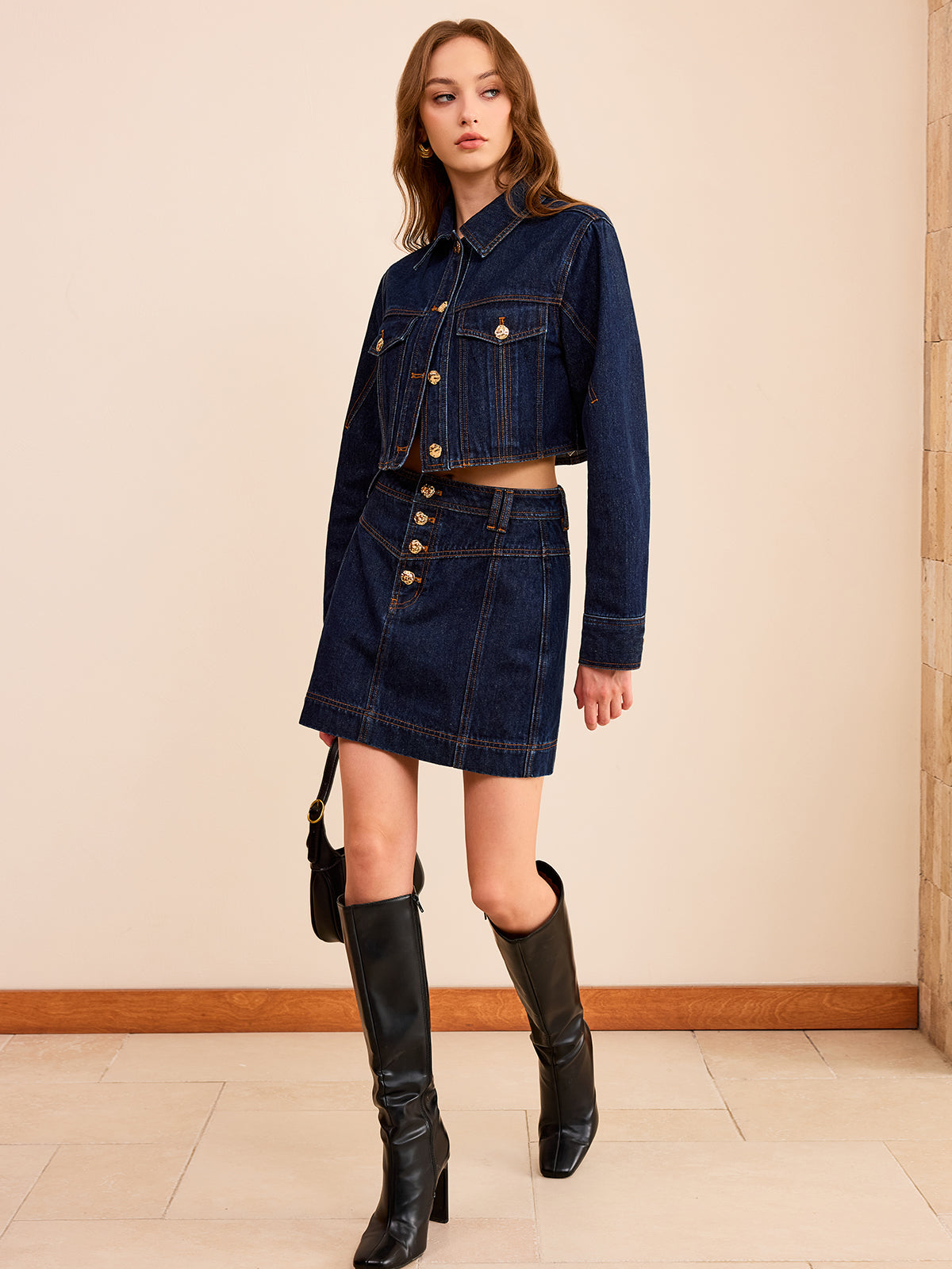 Metal Button Cropped Denim Jacket-Chicvia