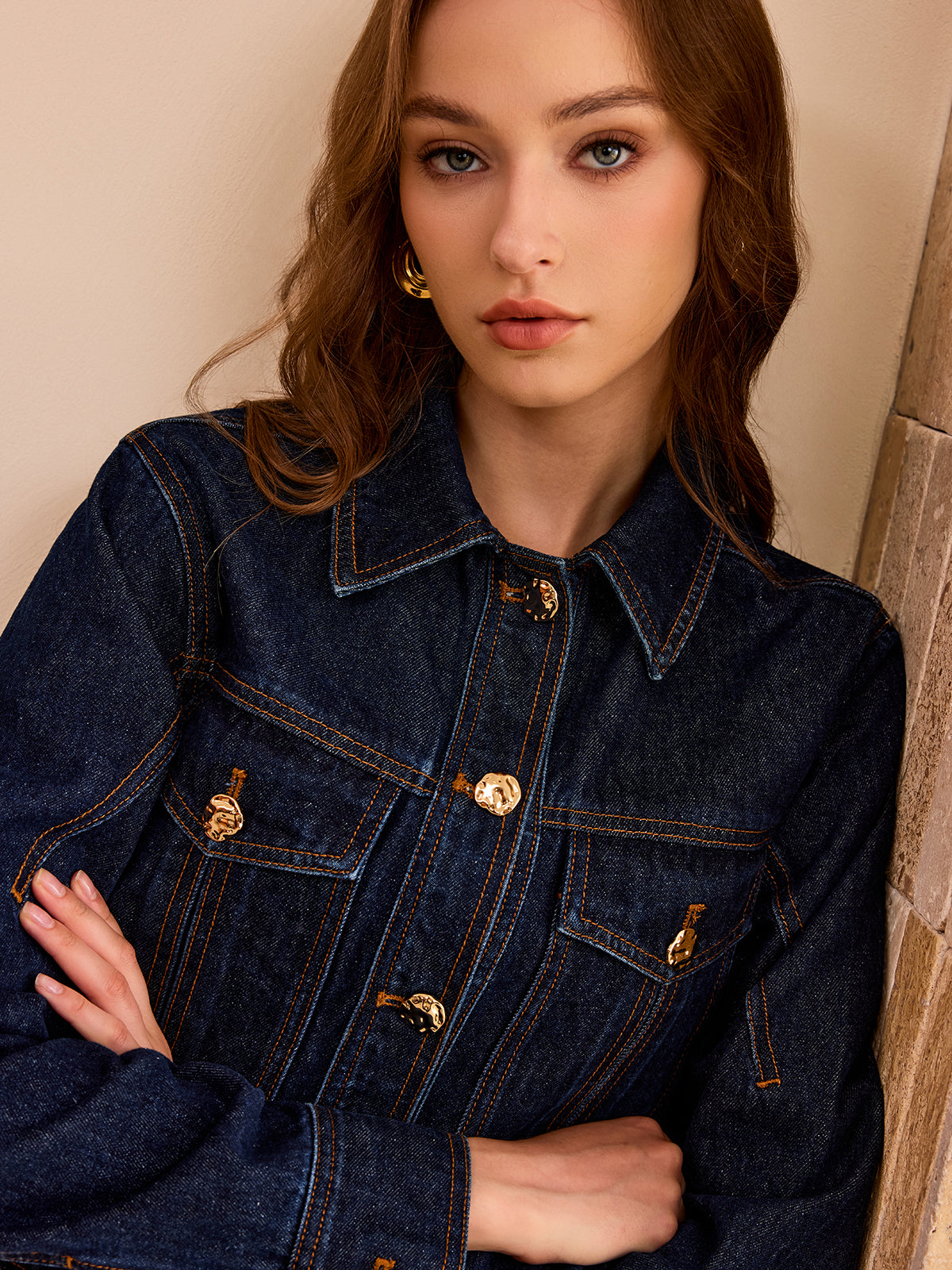 Metal Button Cropped Denim Jacket-Chicvia