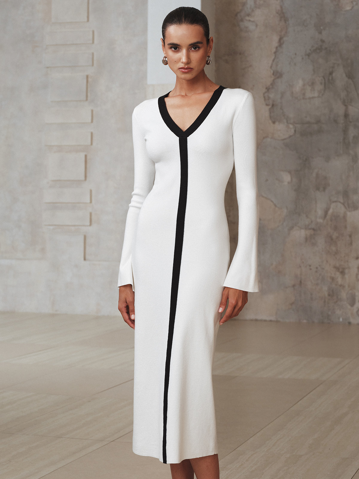 Contrast Trim Knit Maxi Dress-Chicvia