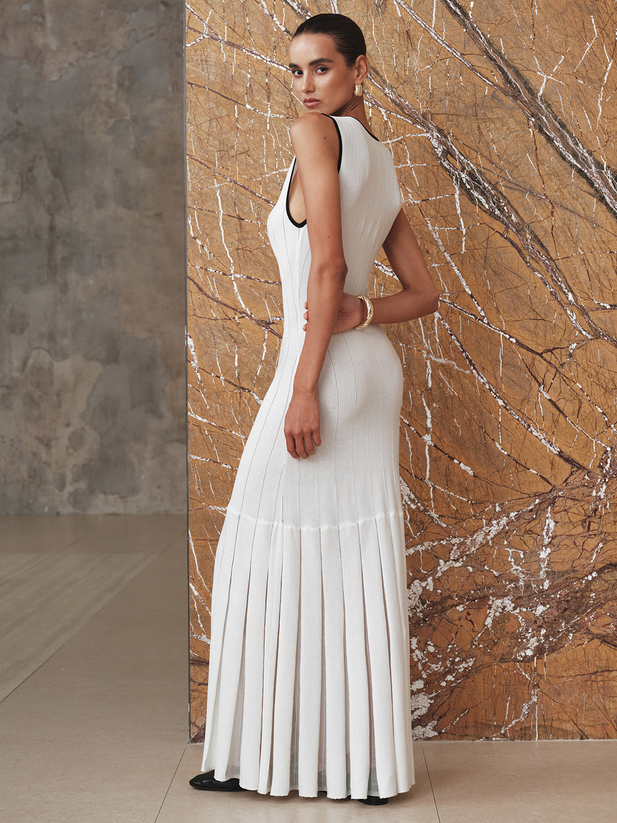 Contrast Trim Sheer Panel Knit Maxi Dress-Chicvia