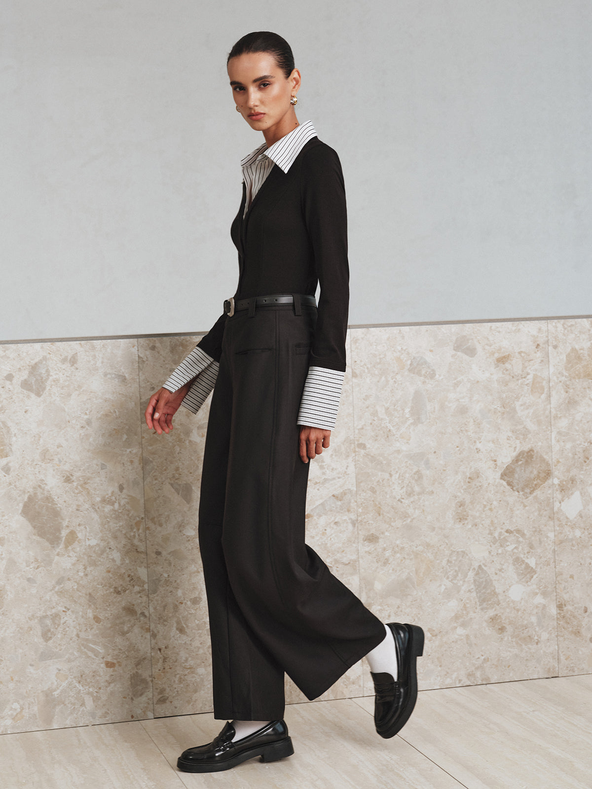 Mock Two-Piece Long-Sleeve Two Tone Polo Top-Chicvia