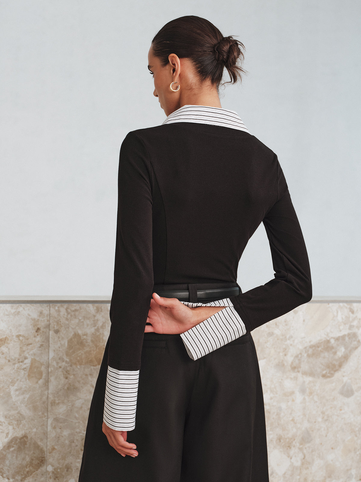 Mock Two-Piece Long-Sleeve Two Tone Polo Top-Chicvia