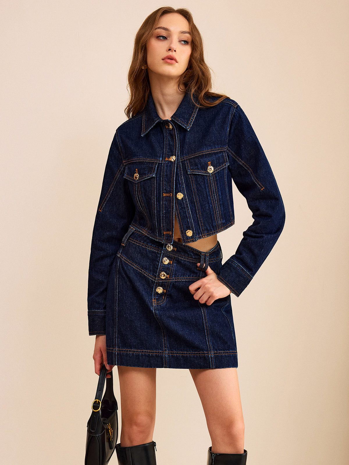 Metal Button Denim Mini Skirt-Chicvia