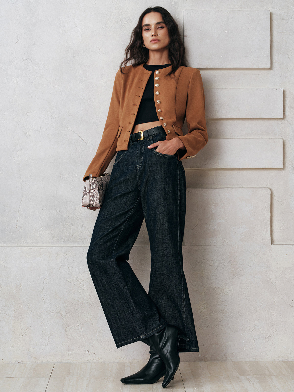 Metal Button Suede Effect Jacket-Chicvia