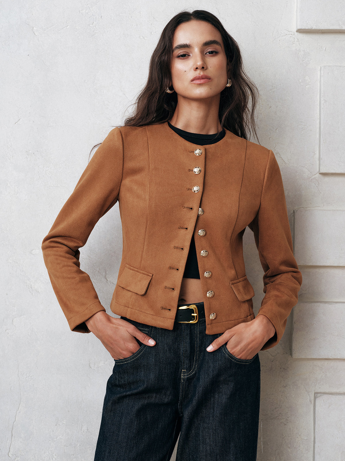 Metal Button Suede Effect Jacket-Chicvia