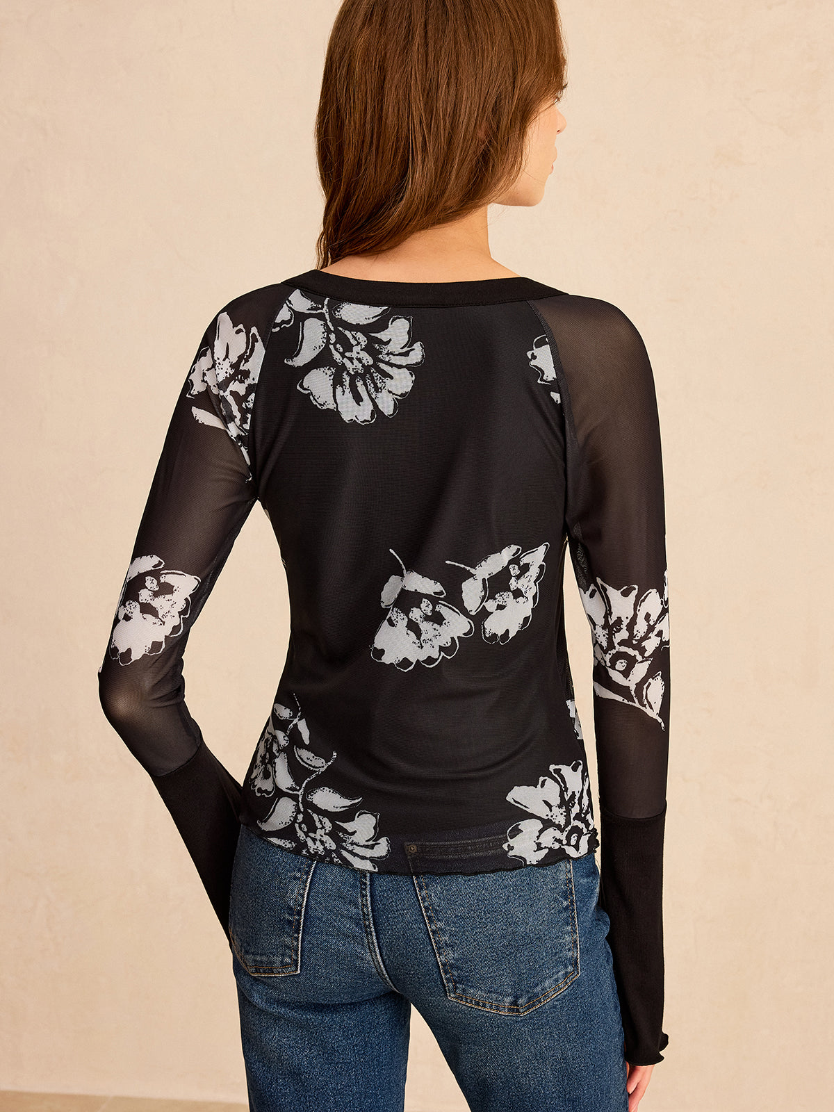 Floral Print Mesh Sleeve T-Shirt-Chicvia