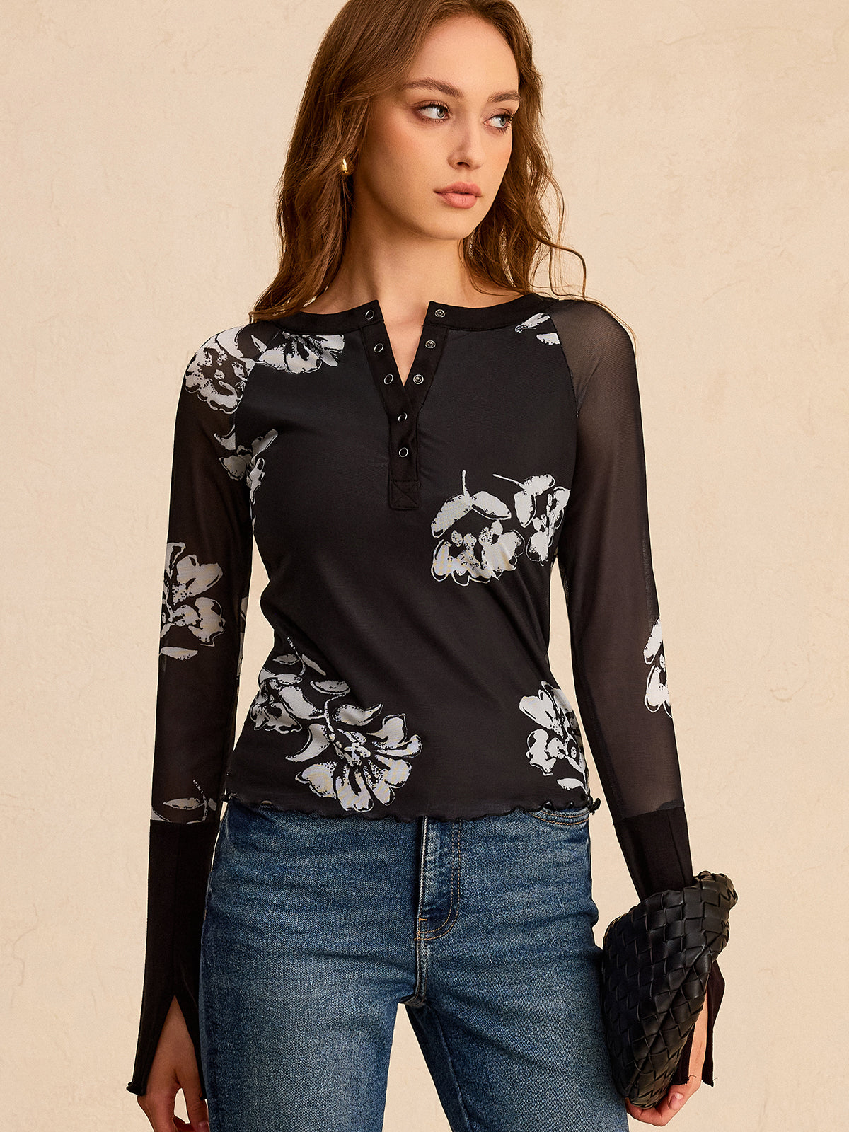 Floral Print Mesh Sleeve T-Shirt-Chicvia