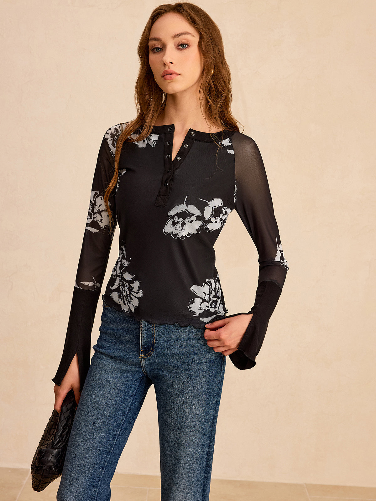 Floral Print Mesh Sleeve T-Shirt-Chicvia