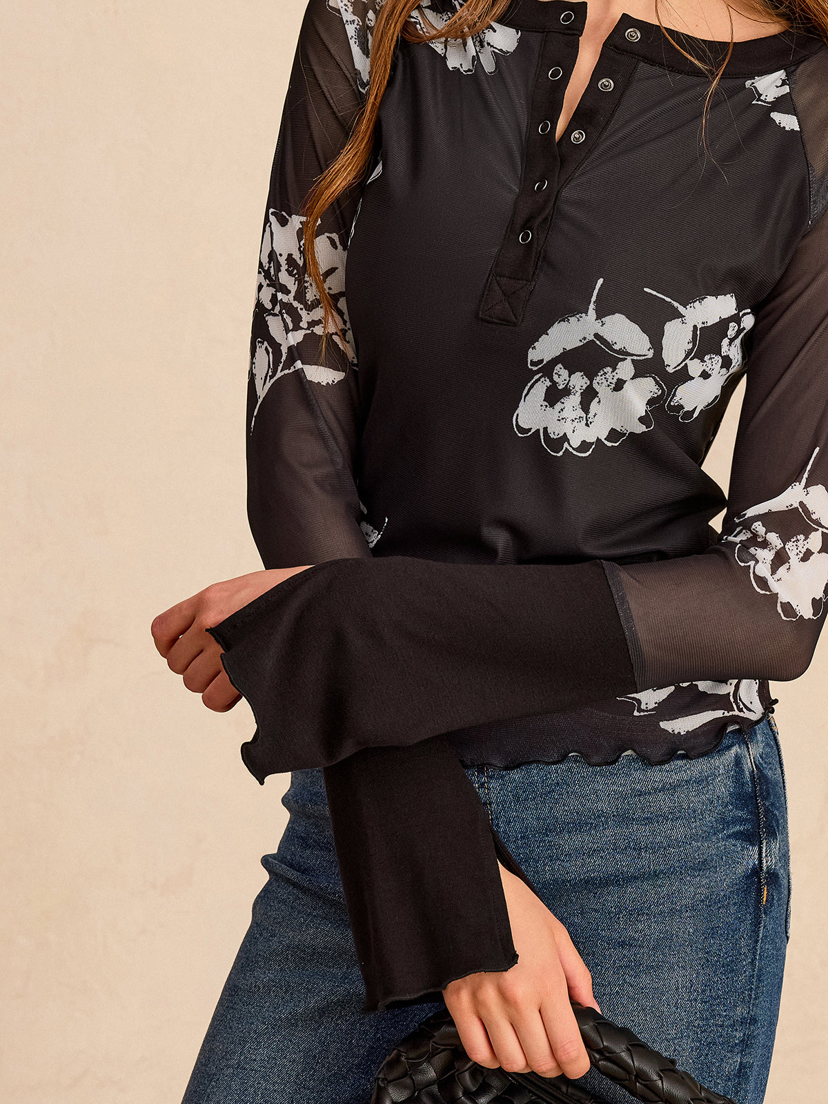 Floral Print Mesh Sleeve T-Shirt-Chicvia