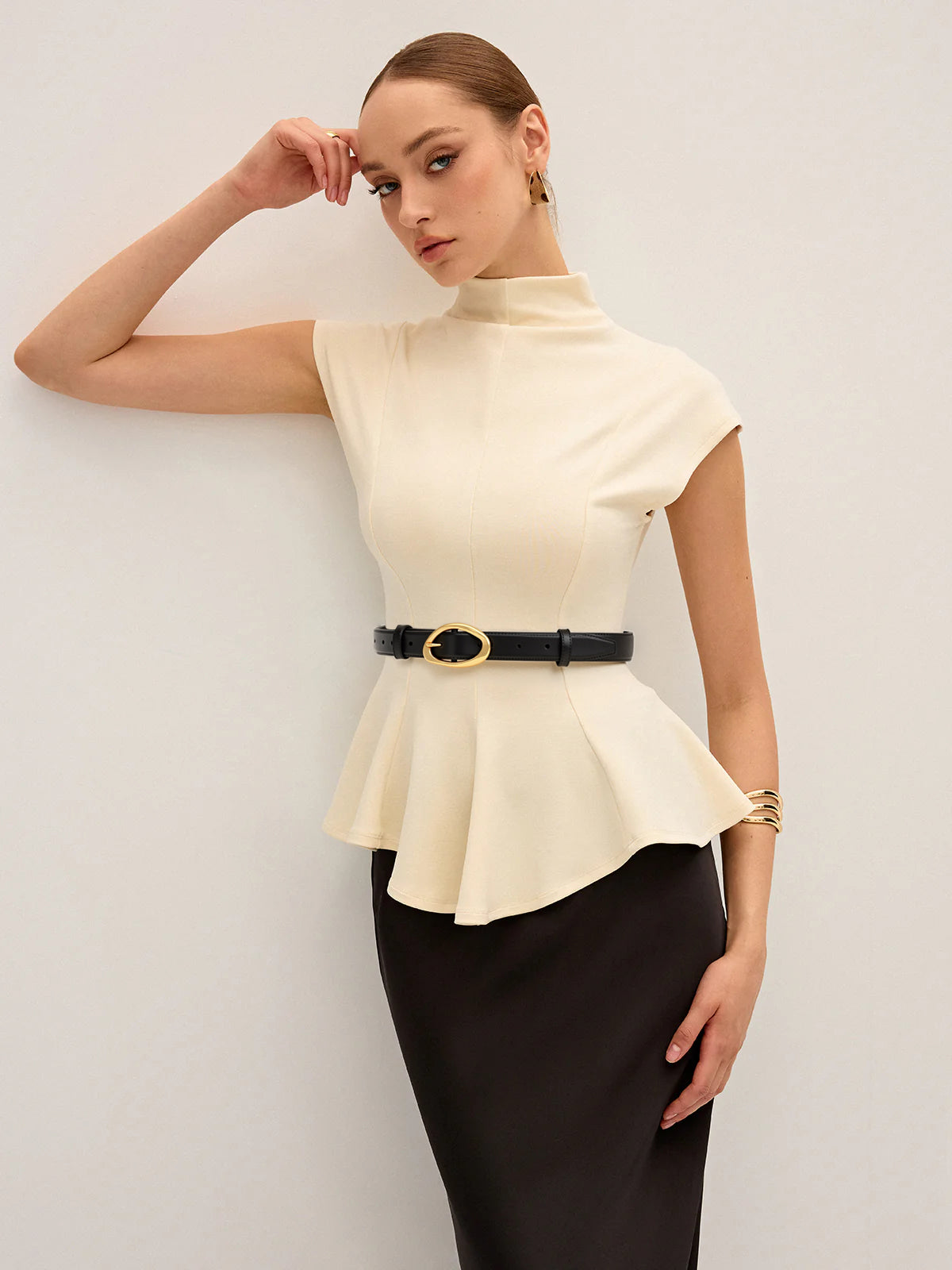 Mock Neck Cap Sleeve Peplum Top-Chicvia