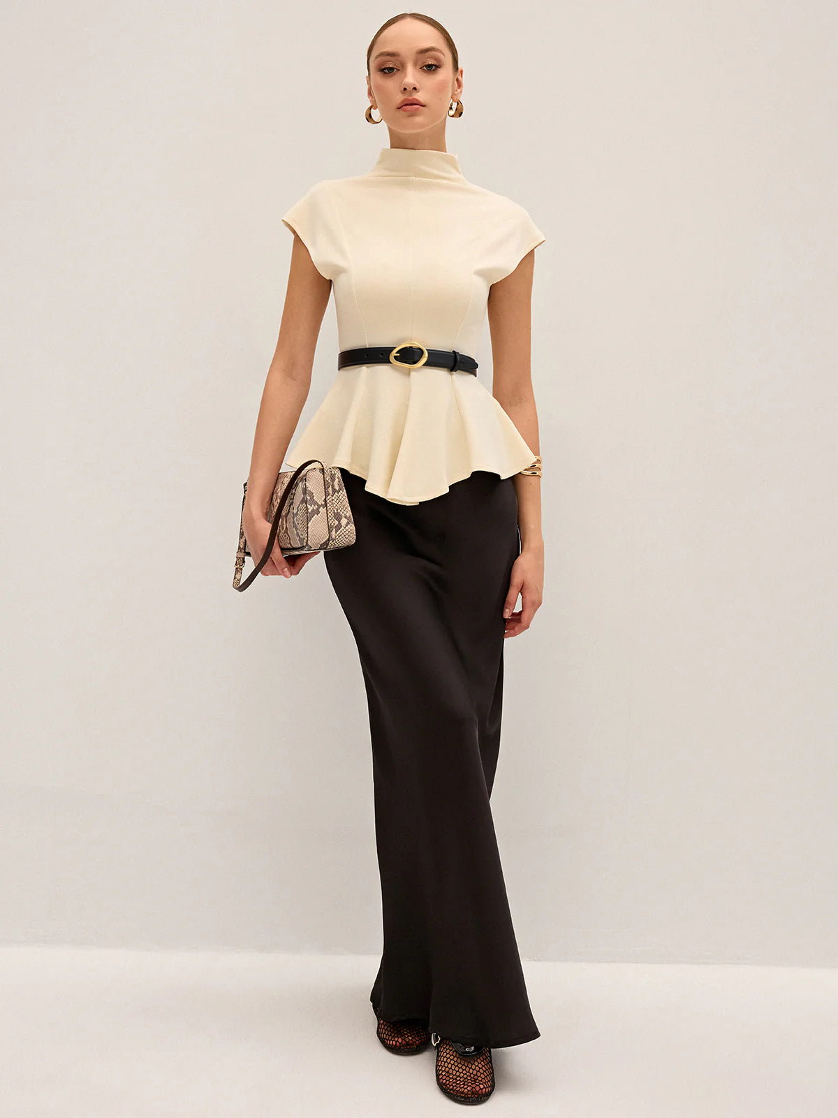 Mock Neck Cap Sleeve Peplum Top-Chicvia