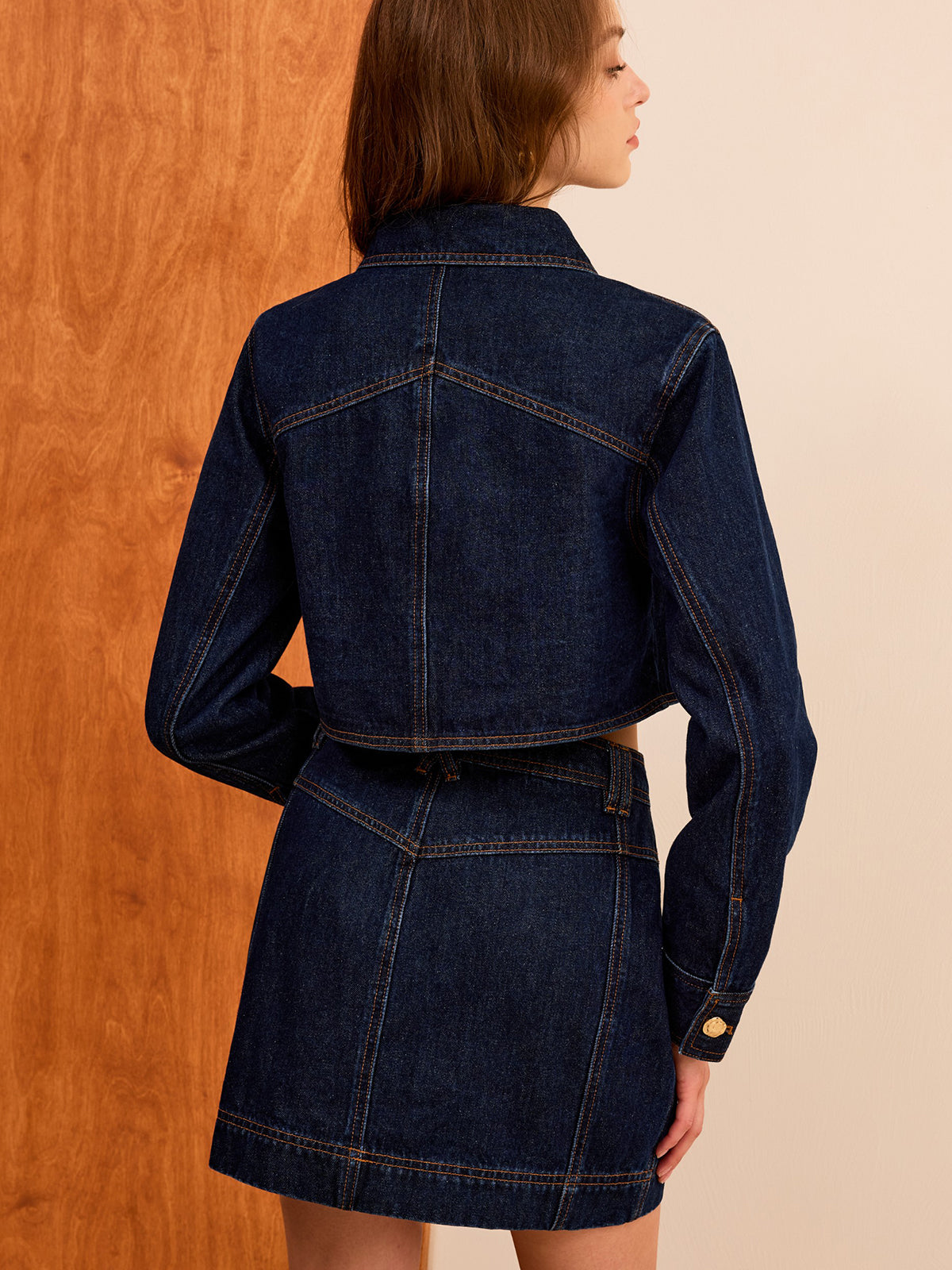 Metal Button Cropped Denim Jacket-Chicvia