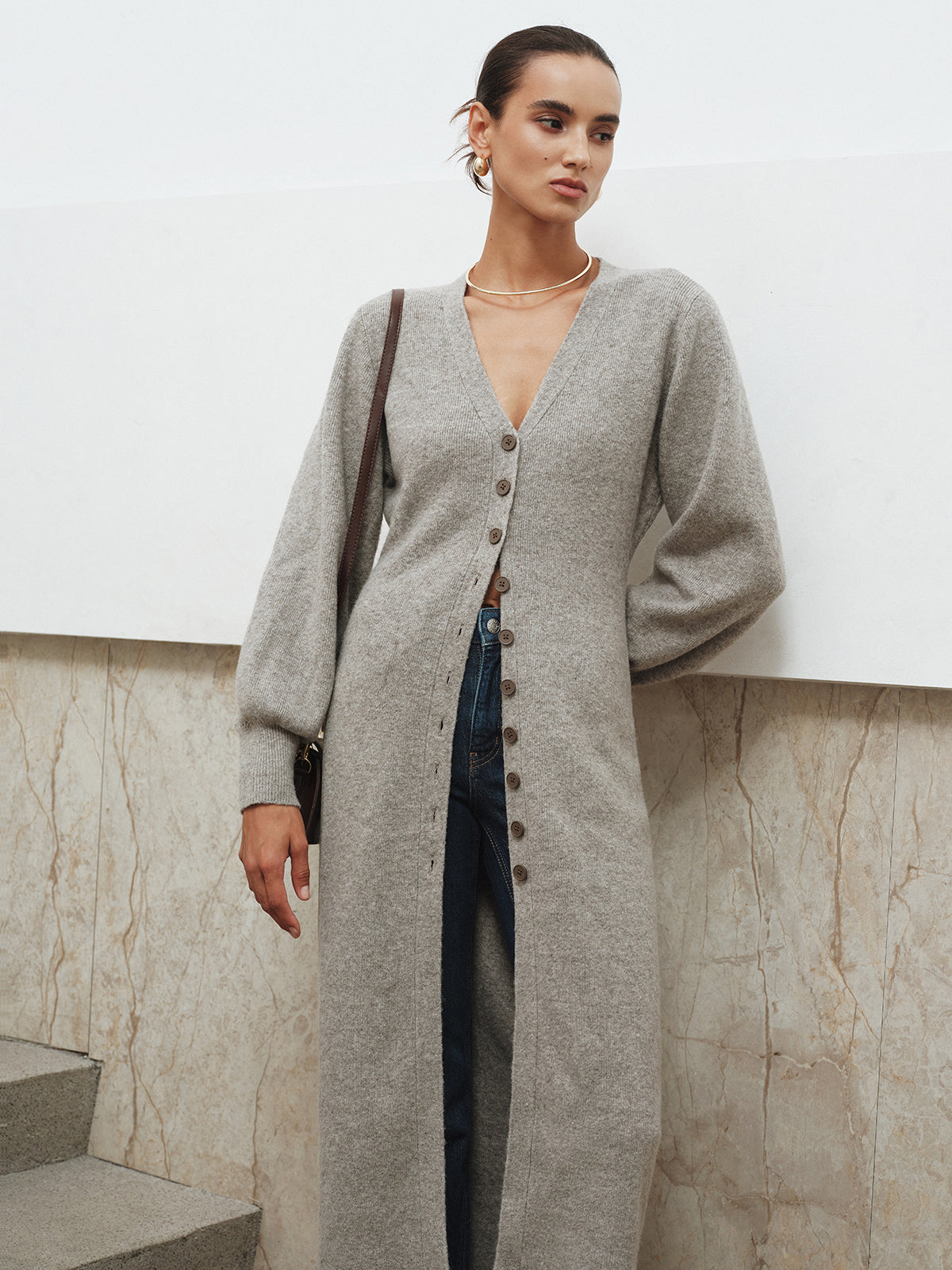 Button-Front Longline Knit Outerwear-Chicvia