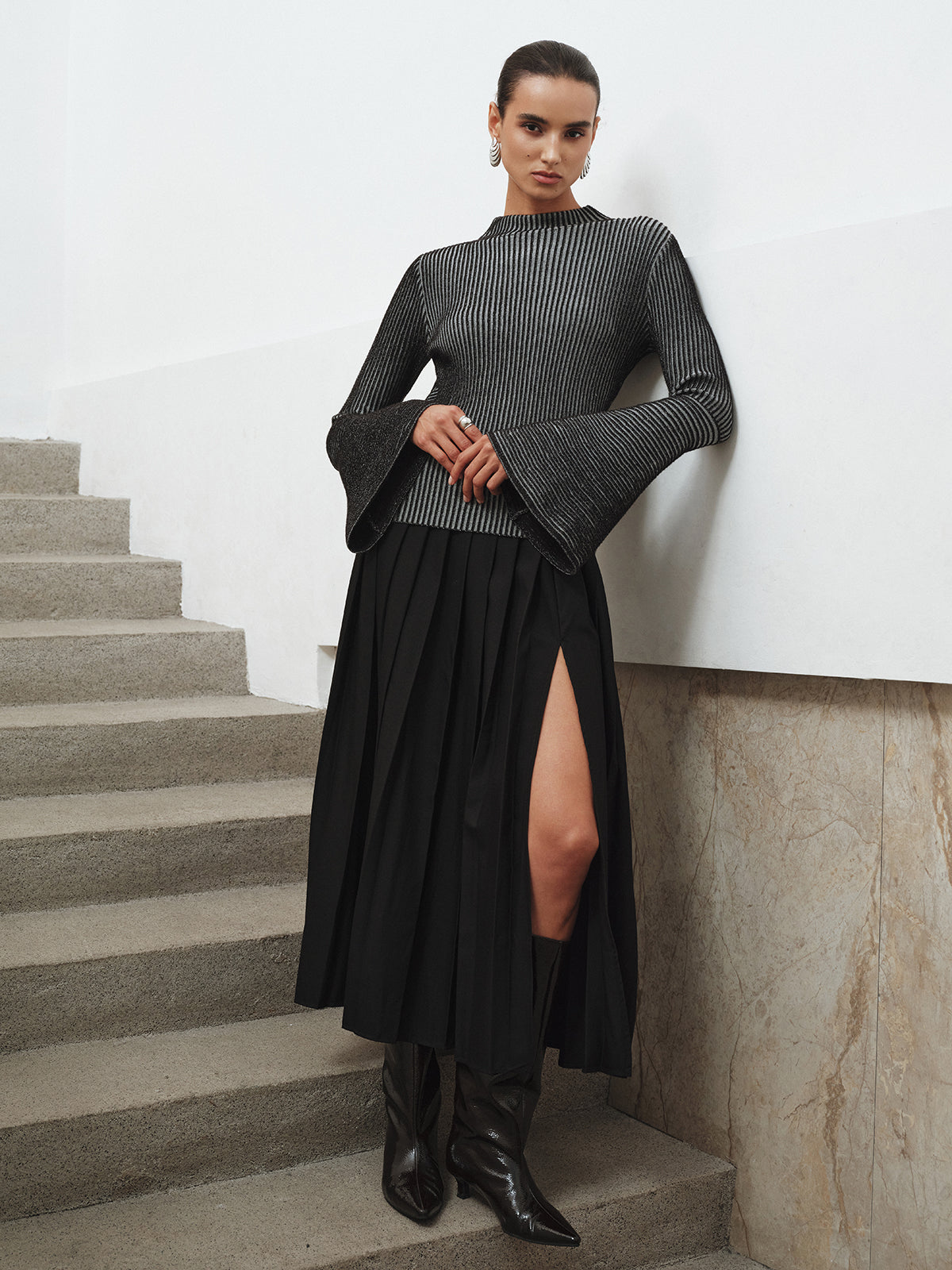 Flared Sleeve Striped Mock Neck Sweater-Chicvia