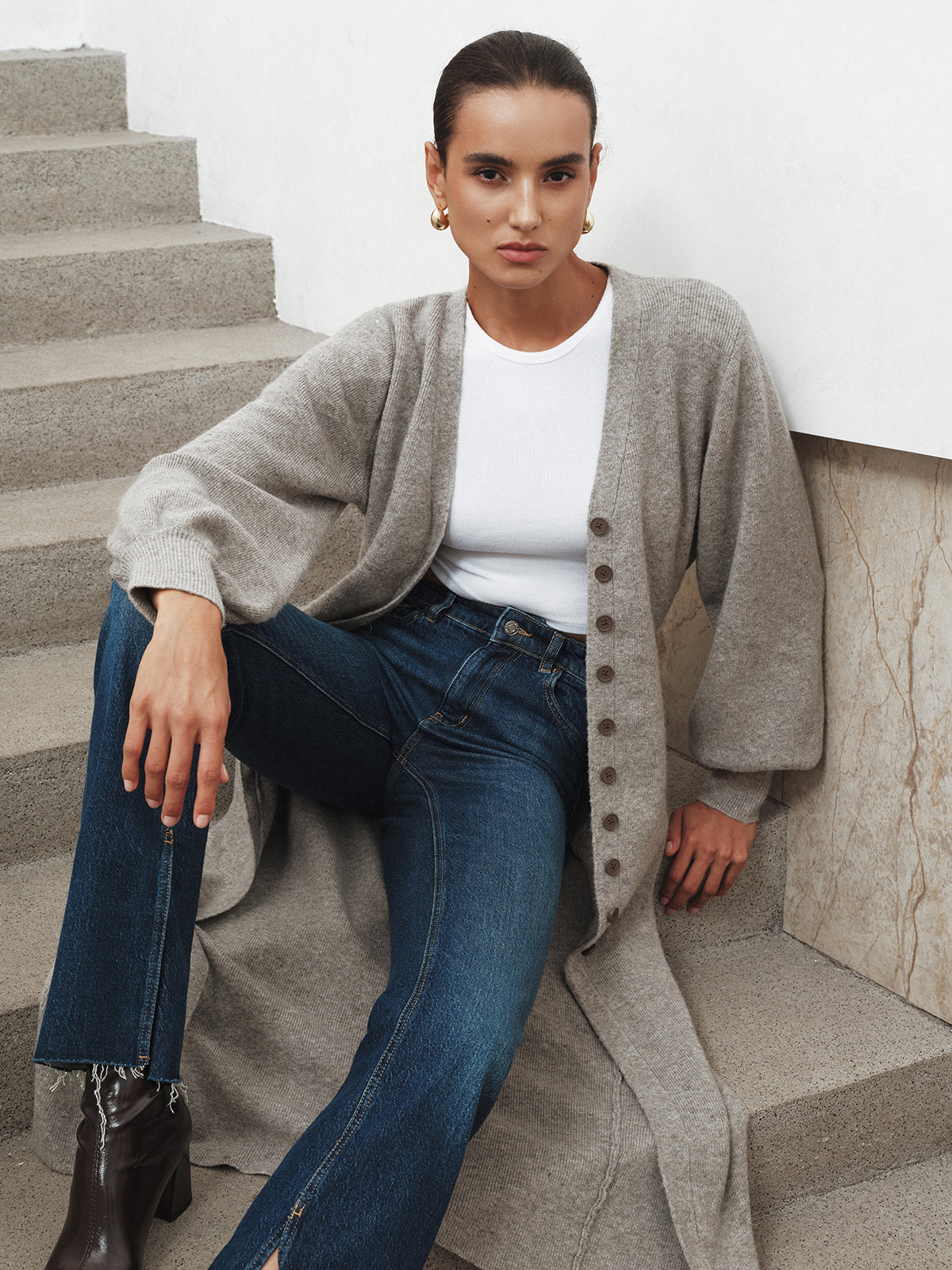 Button-Front Longline Knit Outerwear-Chicvia