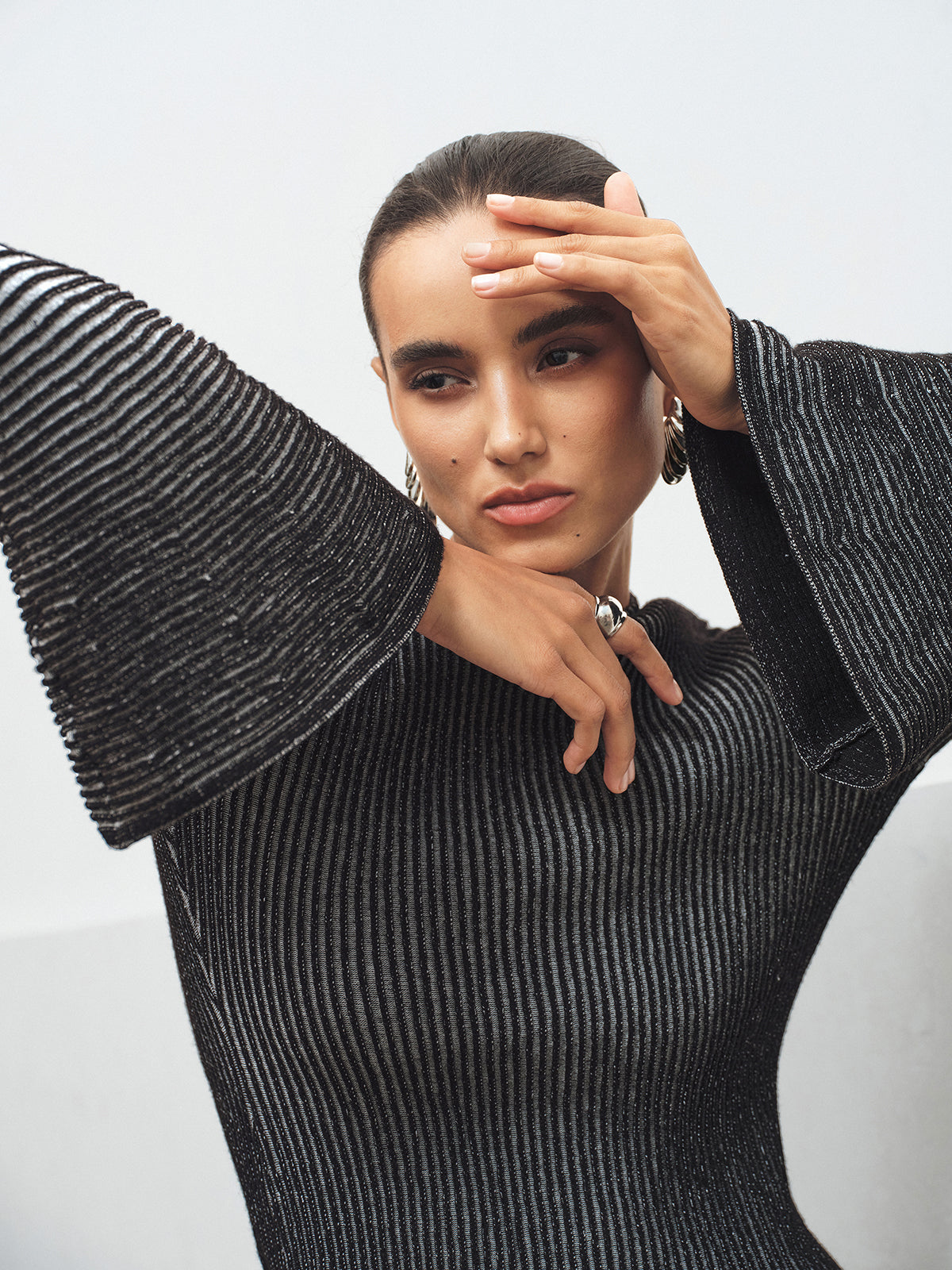 Flared Sleeve Striped Mock Neck Sweater-Chicvia