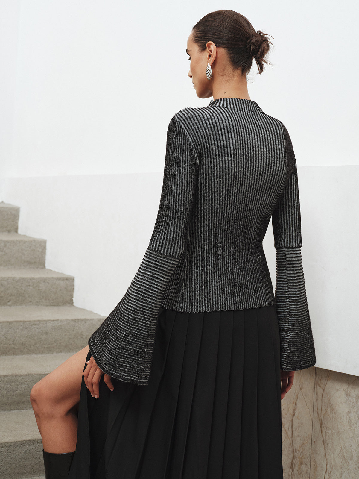 Flared Sleeve Striped Mock Neck Sweater-Chicvia