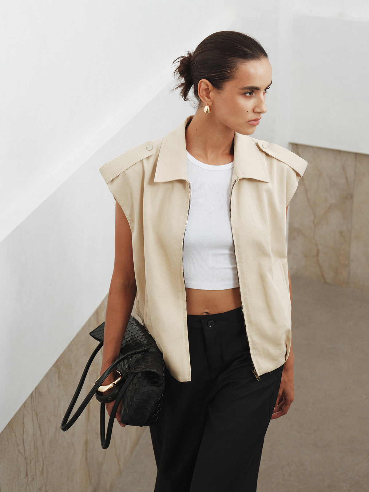 Collared Cap Sleeve Zip-Up Vest-Chicvia