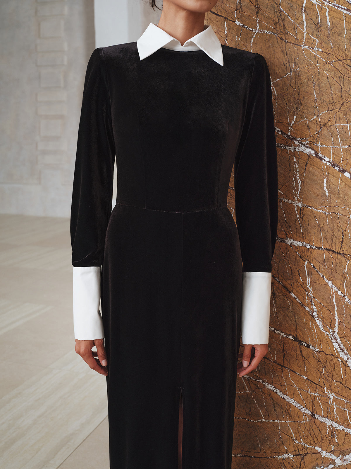 Contrast Panel Slit Long Sleeve Velvet Maxi Dress-Chicvia