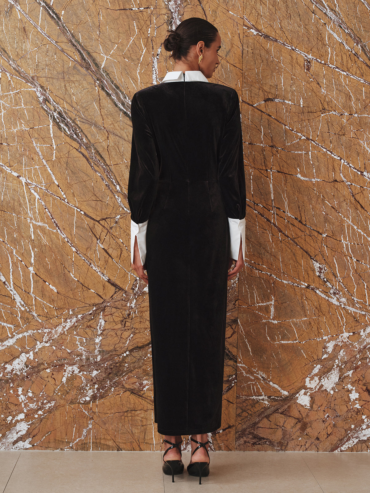 Contrast Panel Slit Long Sleeve Velvet Maxi Dress-Chicvia