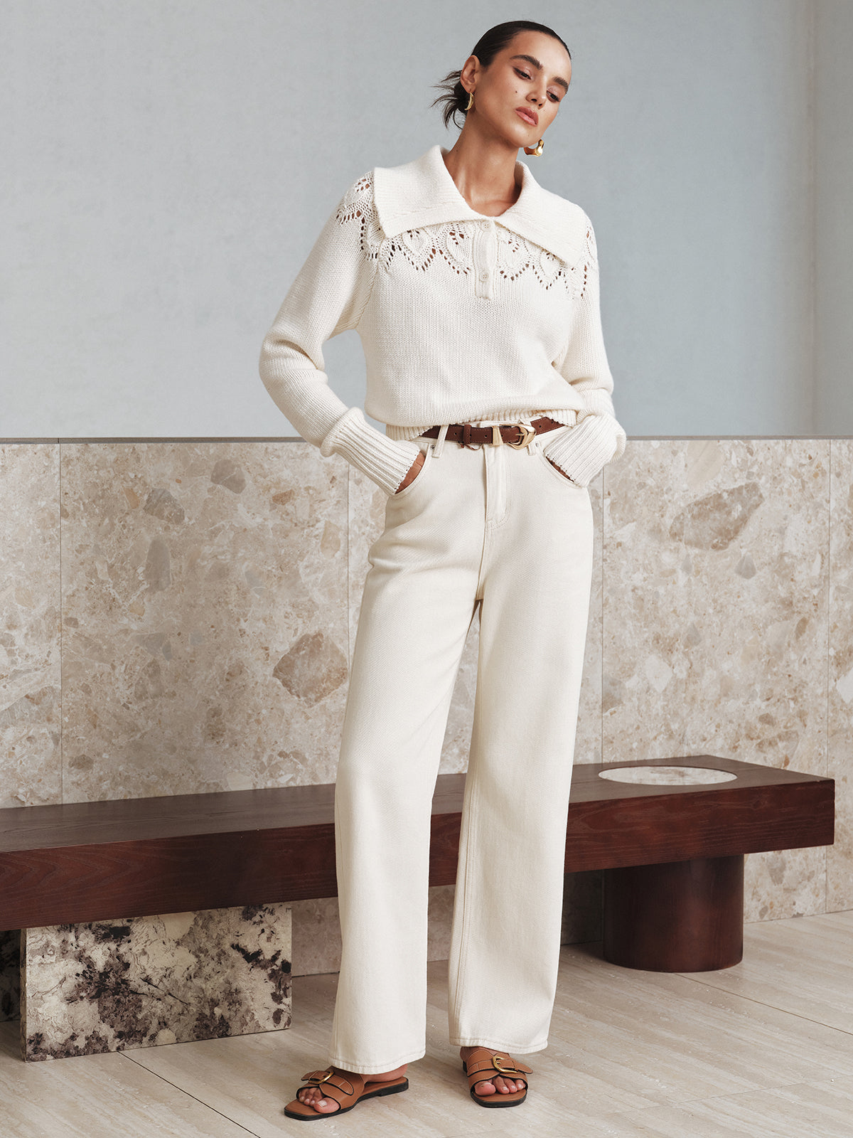 Eyelet Collared Knit Sweater-Chicvia