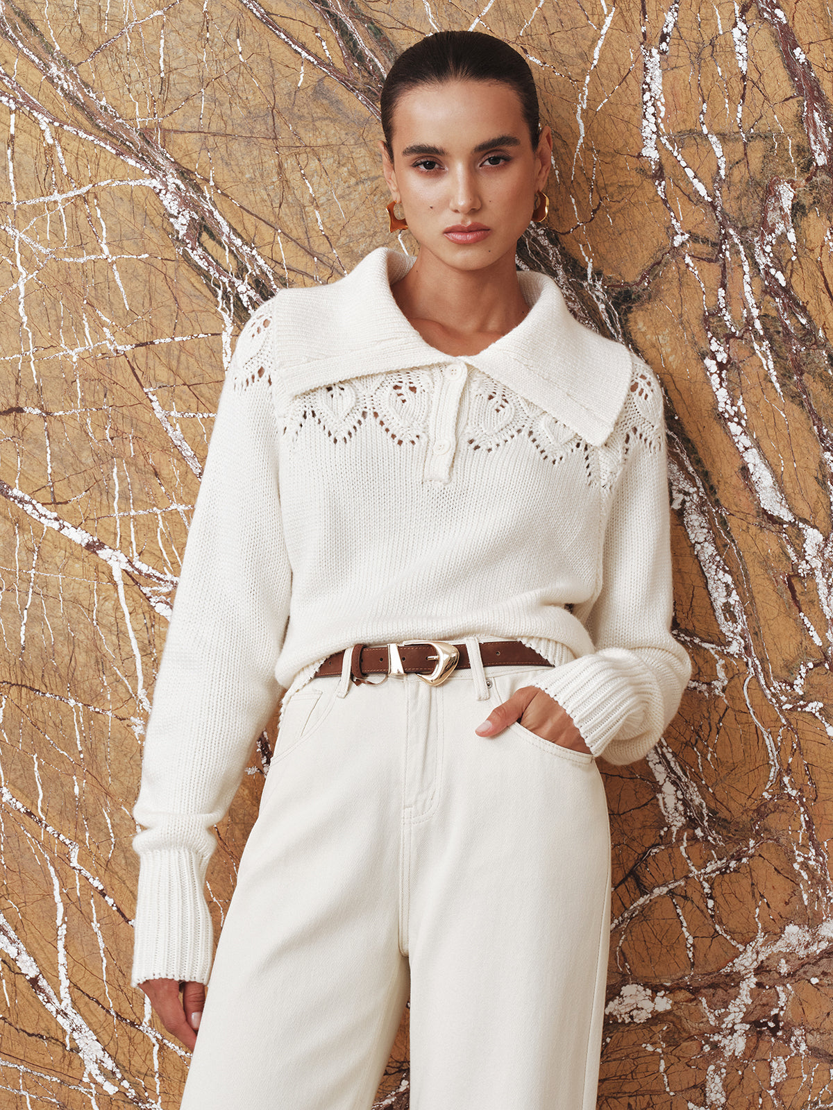 Eyelet Collared Knit Sweater-Chicvia