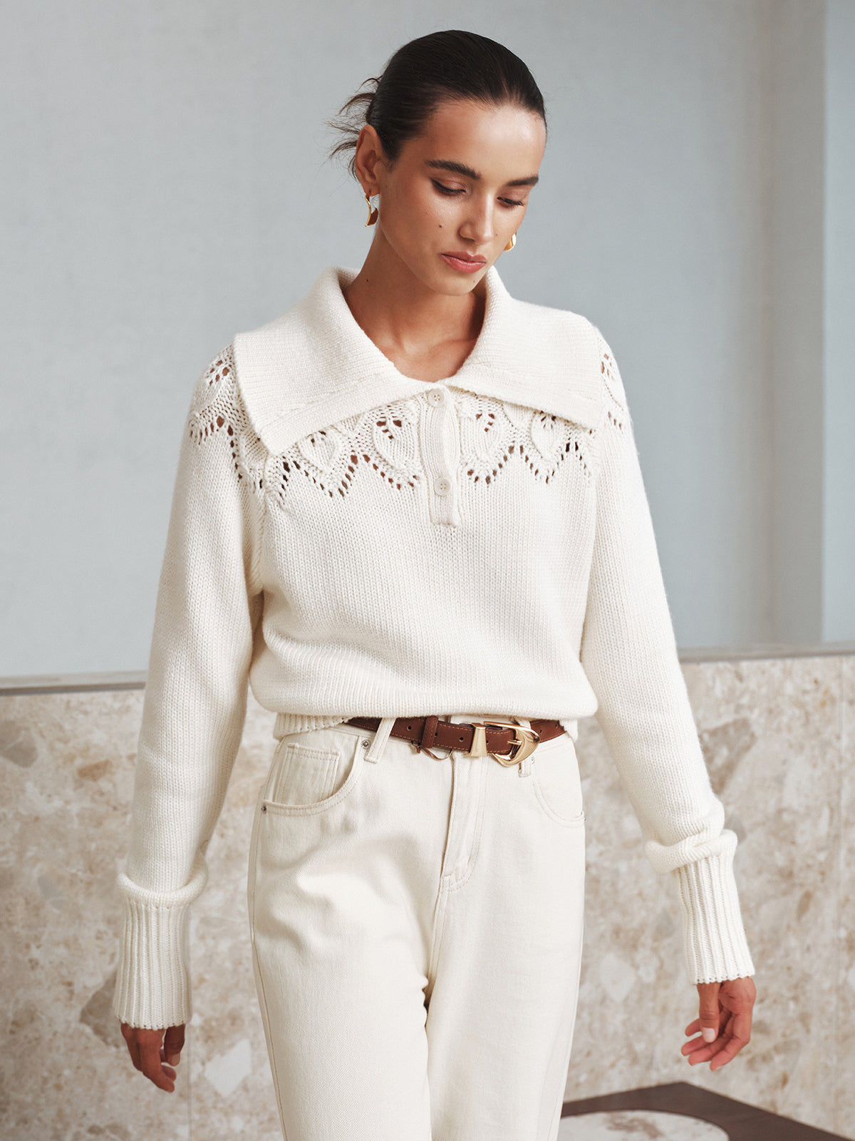 Eyelet Collared Knit Sweater-Chicvia