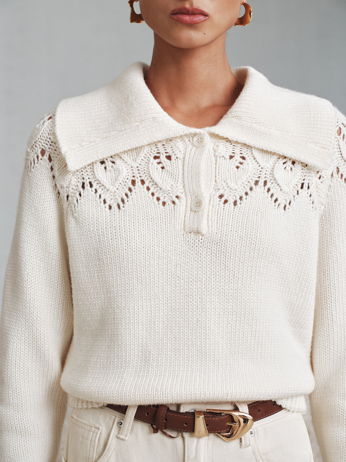 Eyelet Collared Knit Sweater-Chicvia