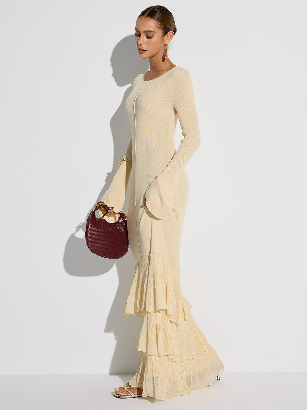 Layered Ruffled Hem Knit Maxi Dress-Chicvia