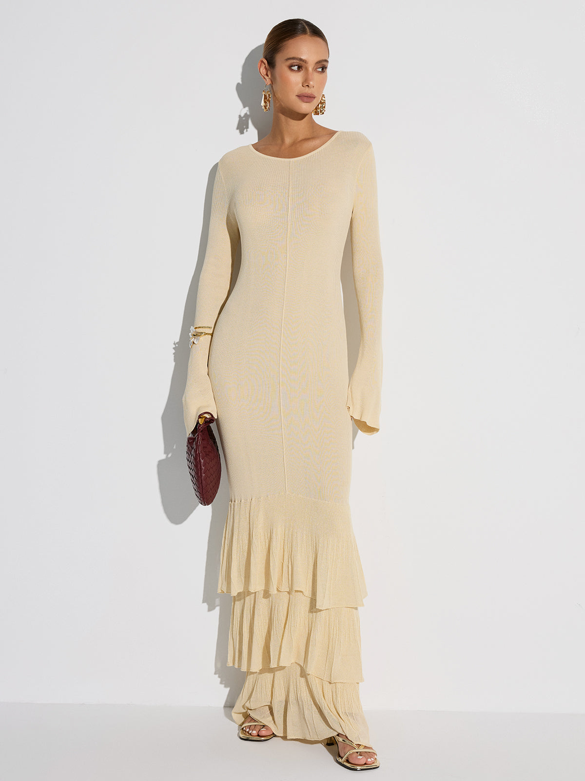 Layered Ruffled Hem Knit Maxi Dress-Chicvia