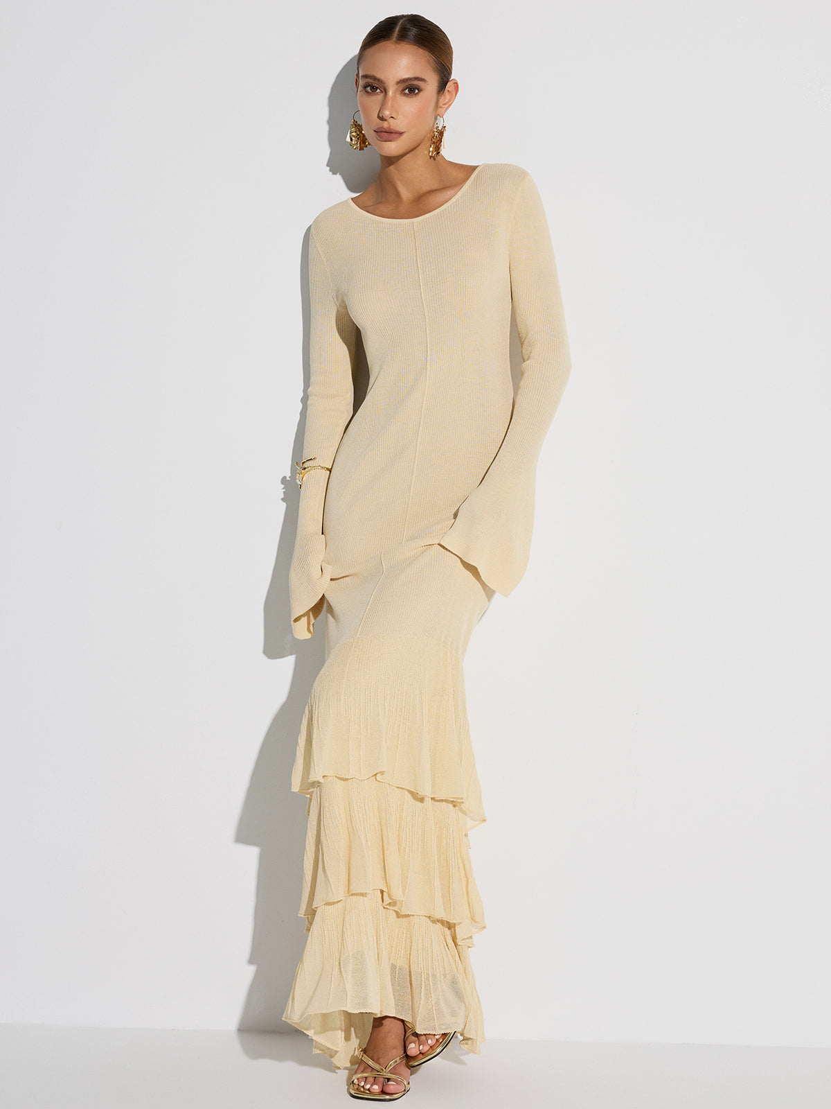 Layered Ruffled Hem Knit Maxi Dress-Chicvia