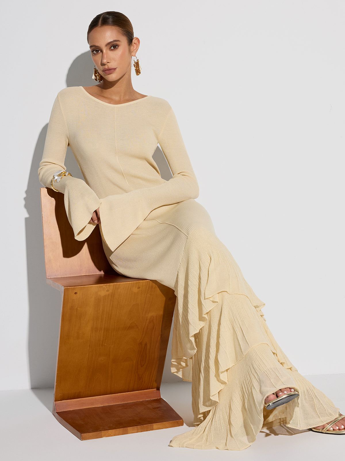 Layered Ruffled Hem Knit Maxi Dress-Chicvia