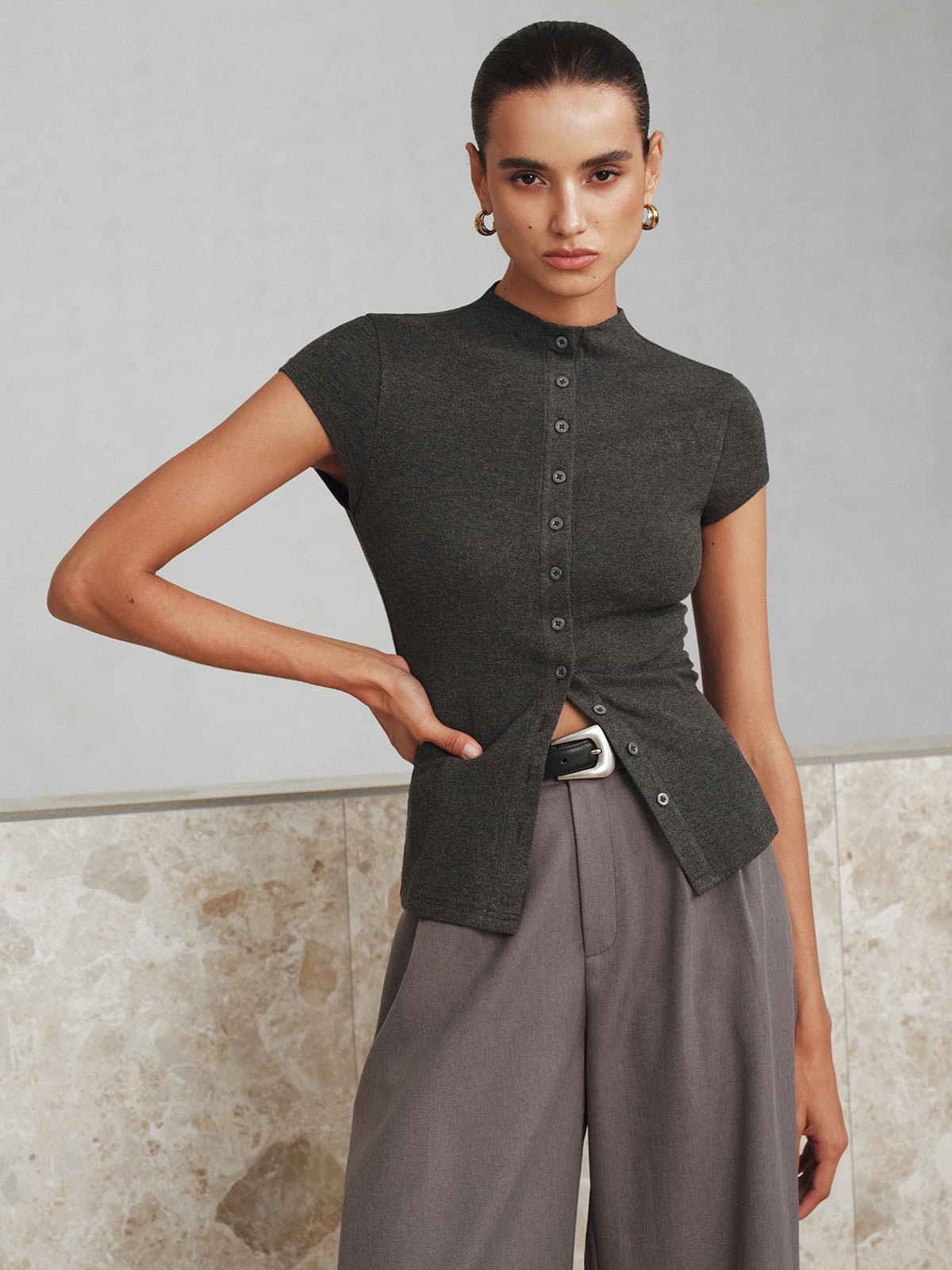 Mock Neck Cap-Sleeve Button T-Shirt-Chicvia