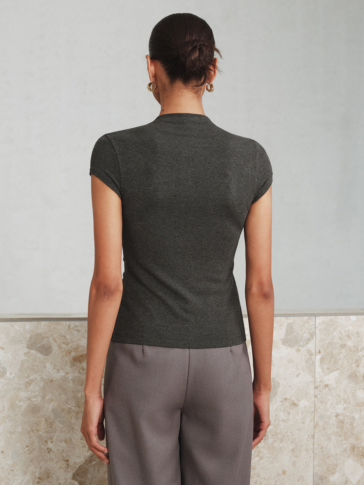 Mock Neck Cap-Sleeve Button T-Shirt-Chicvia