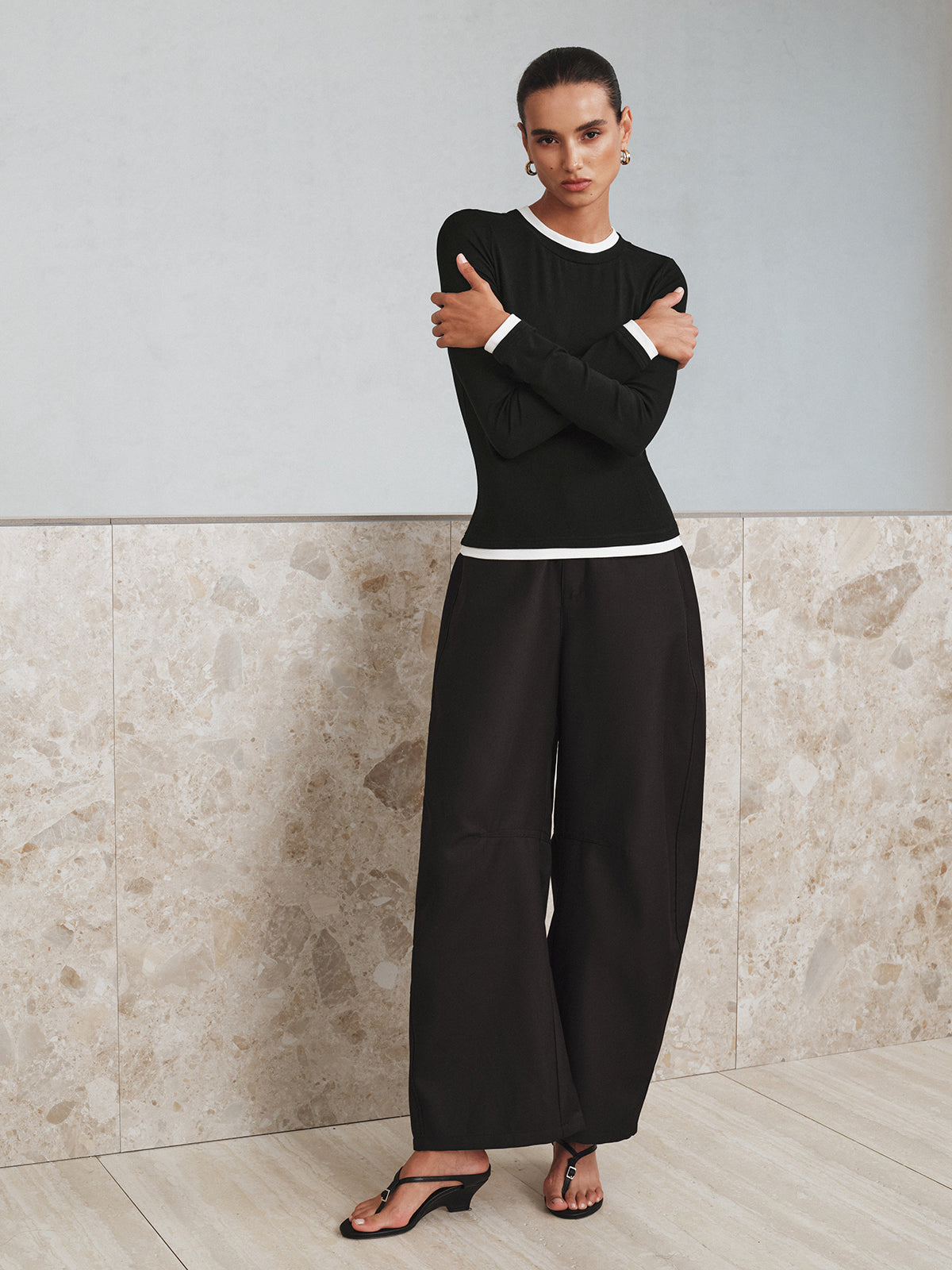 Contrast Trim Long Sleeve T-Shirt-Chicvia