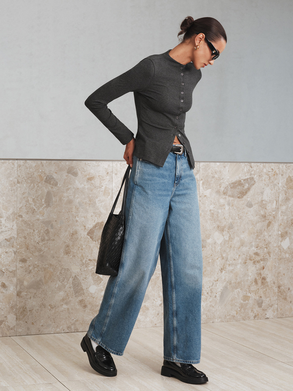 Mock Neck Button Long Sleeve T-Shirt-Chicvia