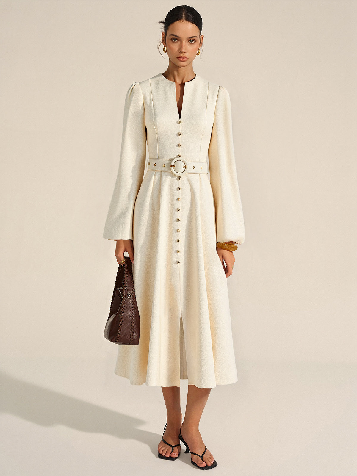 Button Front Belted Midi Dress-Chicvia