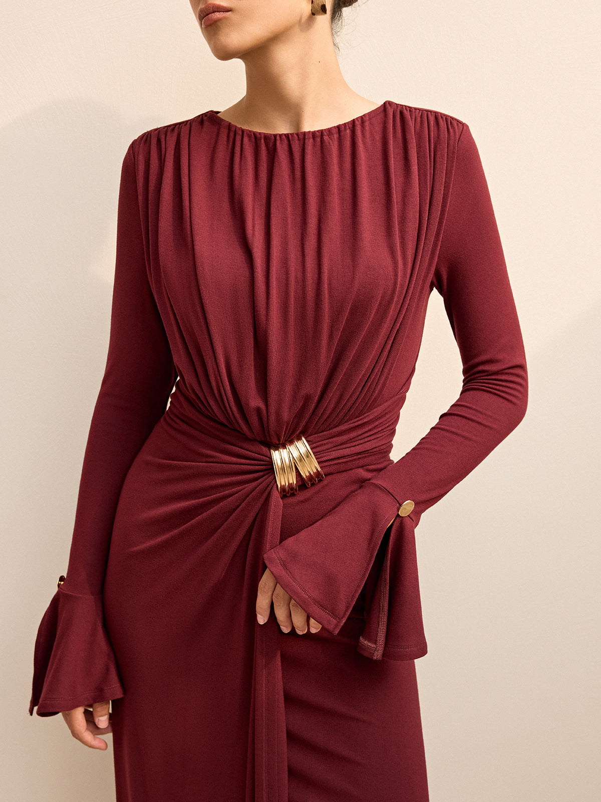 Long-Sleeve Draped Maxi Dress-Chicvia