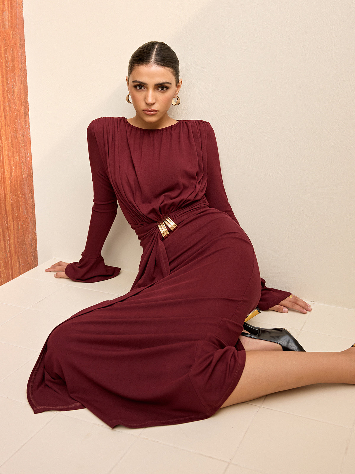 Long-Sleeve Draped Maxi Dress-Chicvia