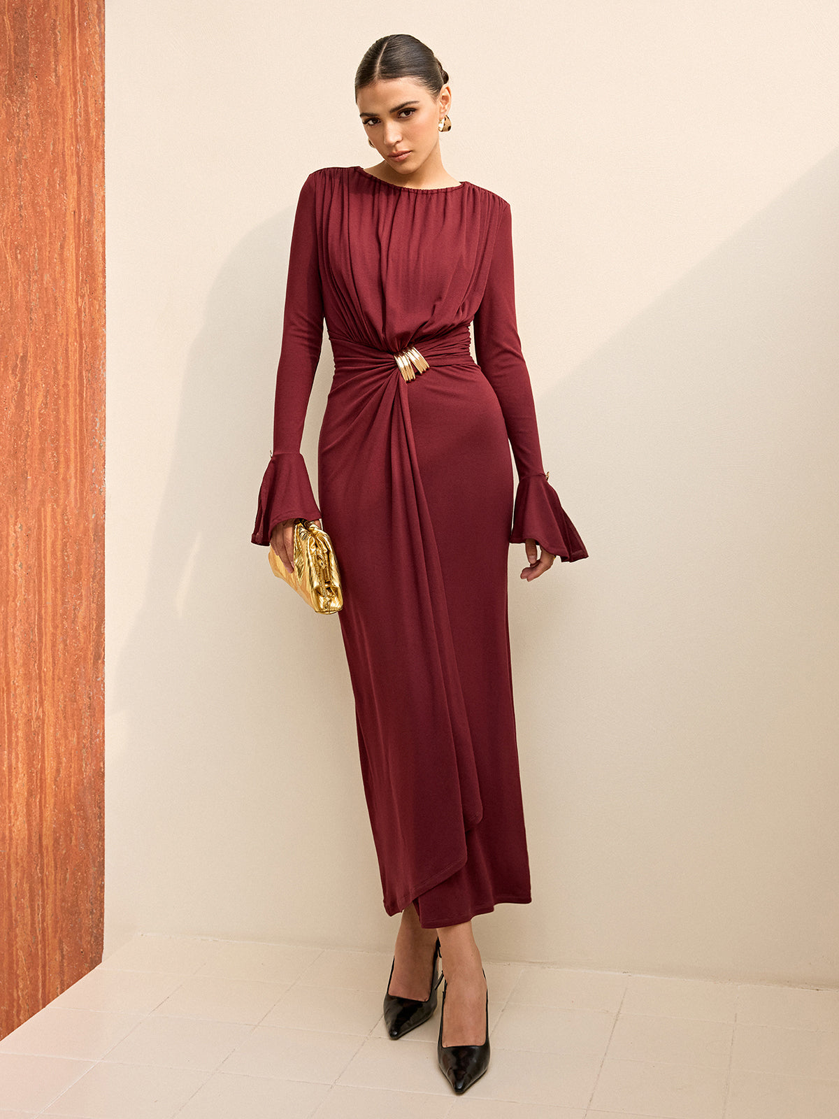 Long-Sleeve Draped Maxi Dress-Chicvia