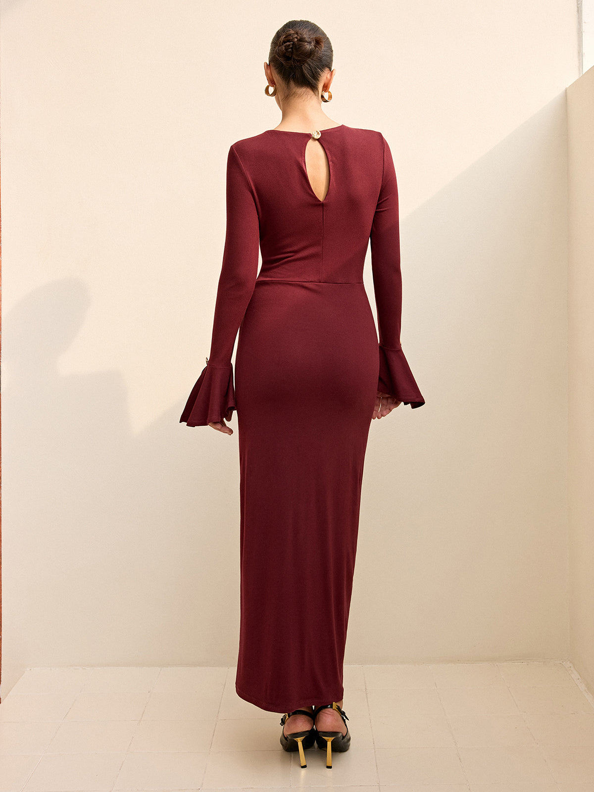 Long-Sleeve Draped Maxi Dress-Chicvia