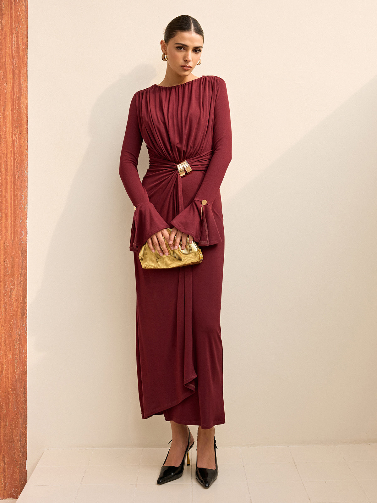 Long-Sleeve Draped Maxi Dress-Chicvia