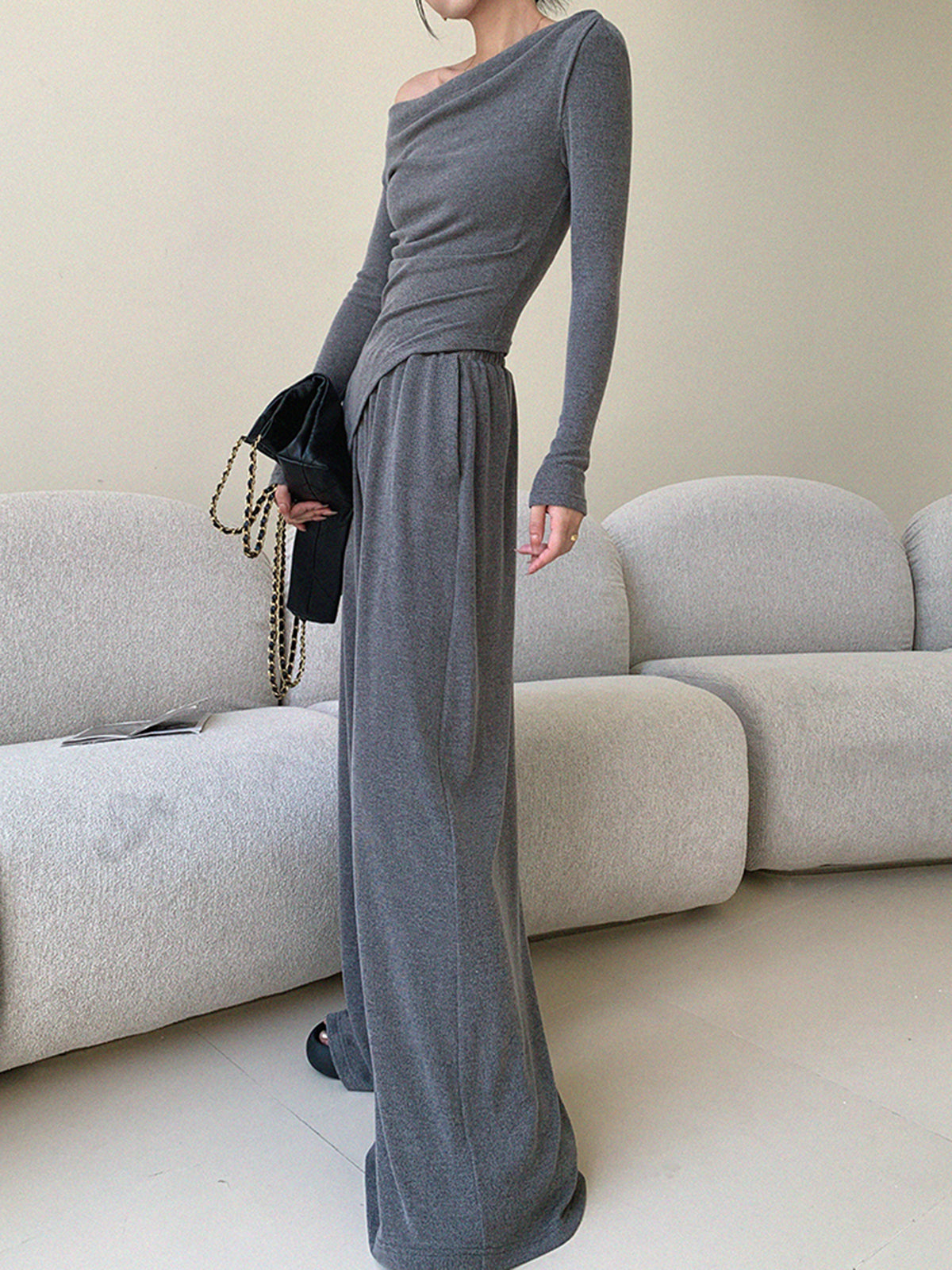 Plain Asymmetrical Draped Pants Set-Chicvia