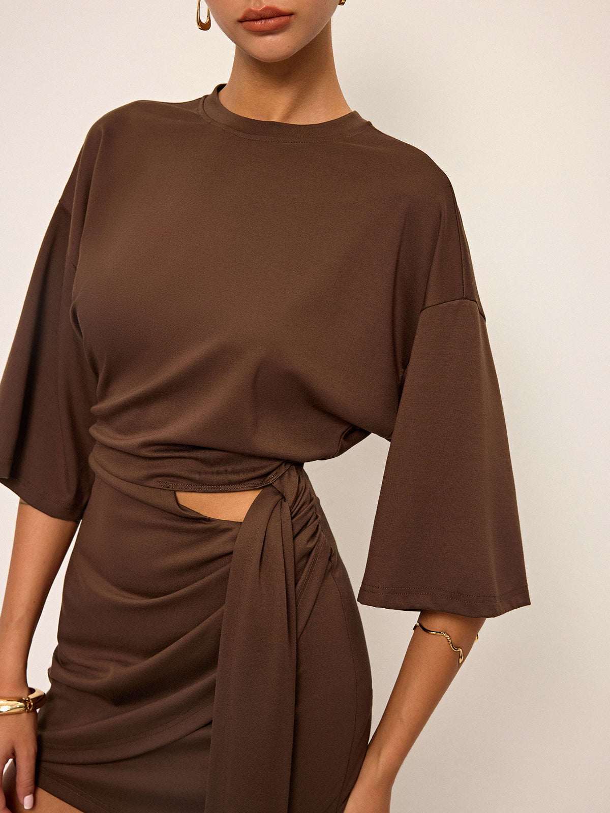 Half-Sleeve Cut-Out Mini Dress-Chicvia