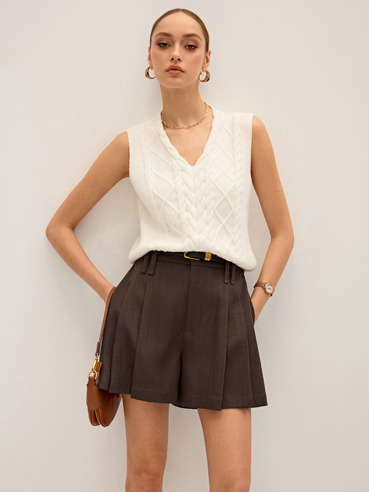 Pleated Mid-Waist Shorts without Belt-Chicvia