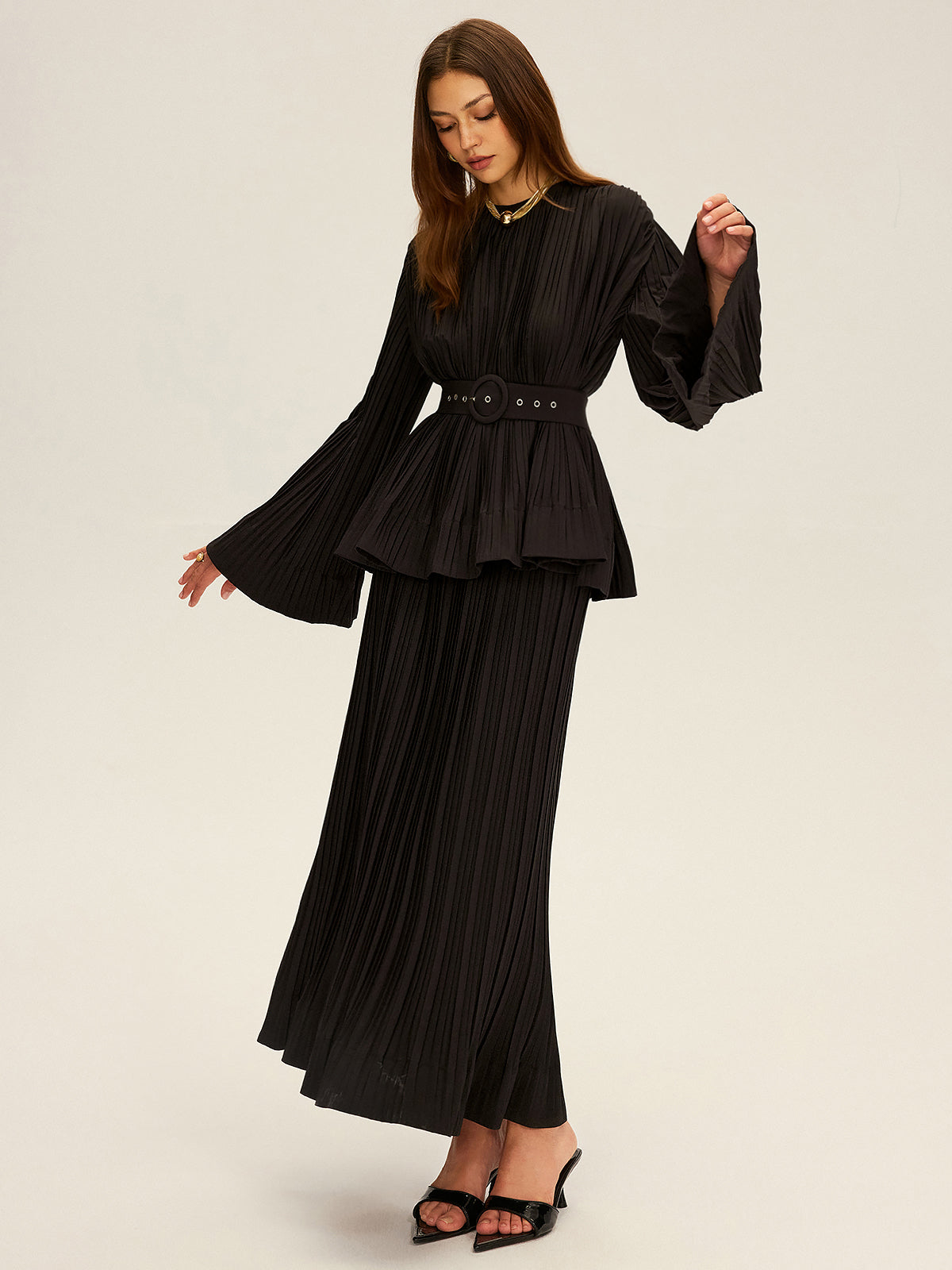 Pleated Bell Sleeve Belted Peplum Blouse-Chicvia